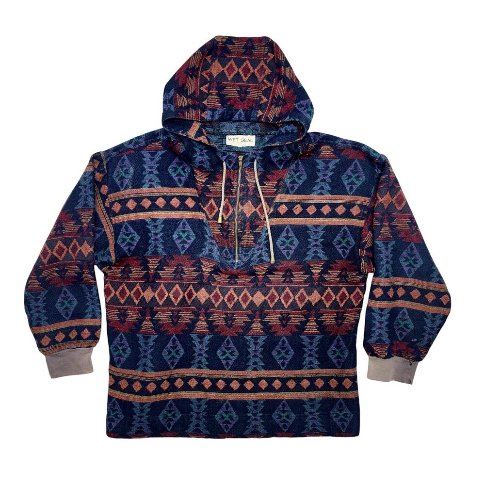 Vintage Wet Seal Hoodie Large Red Blue Baja Aztec Southwestern 1/2 Zip Pullover